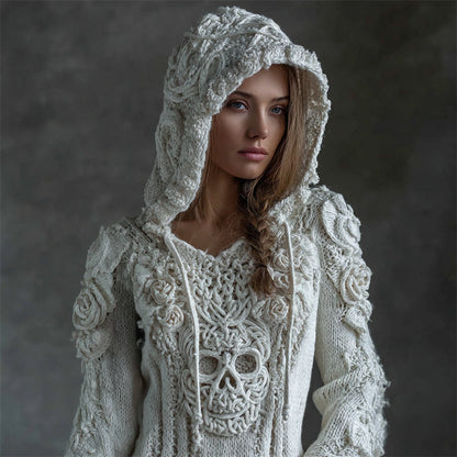 Maglione in maglia caldo e morbido con cappuccio di teschio celtico vichinga e rose blancas vintage
