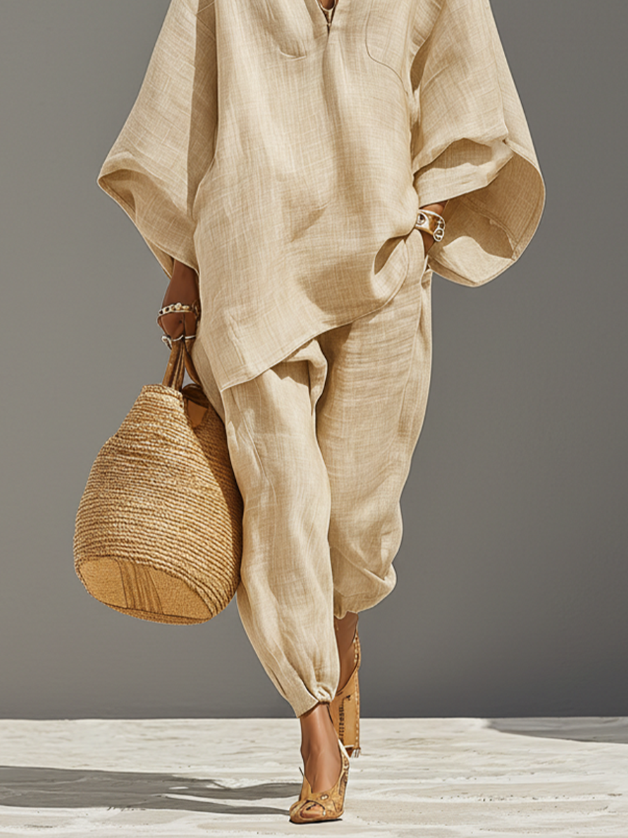 Completo Neutro in lino per donna con Orlo asimmetrico e Design minimalista, Stile Quotidiano-Casual Sofisticato