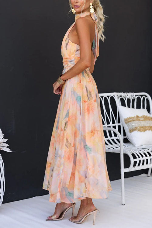 Abito maxi di Impressione Acuarela con Collo Halter e Espalda Descubierta