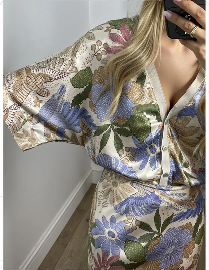 Camicia Exquisita di Satin con Stampa Floreale senza Spalle