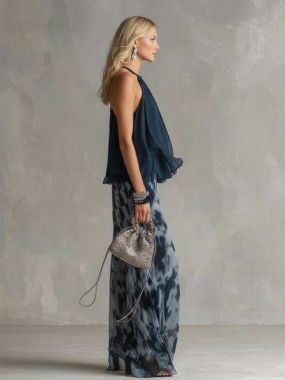 Ludovica | Top halter Elegante Blu navy e Completo di Pantaloni ampi Stampati