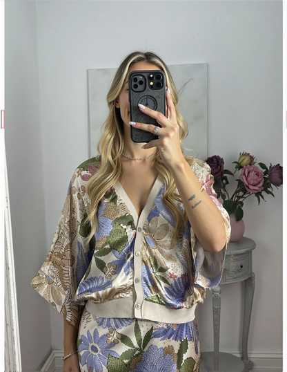 Camicia Exquisita di Satin con Stampa Floreale senza Spalle