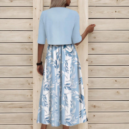 Abito Midi Unico con Stampato di Plantas Azules e Chaqueta