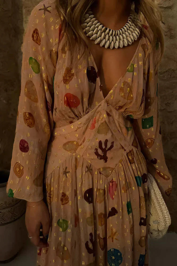Alessandra - Abito con stampa marino e dettagli dorados