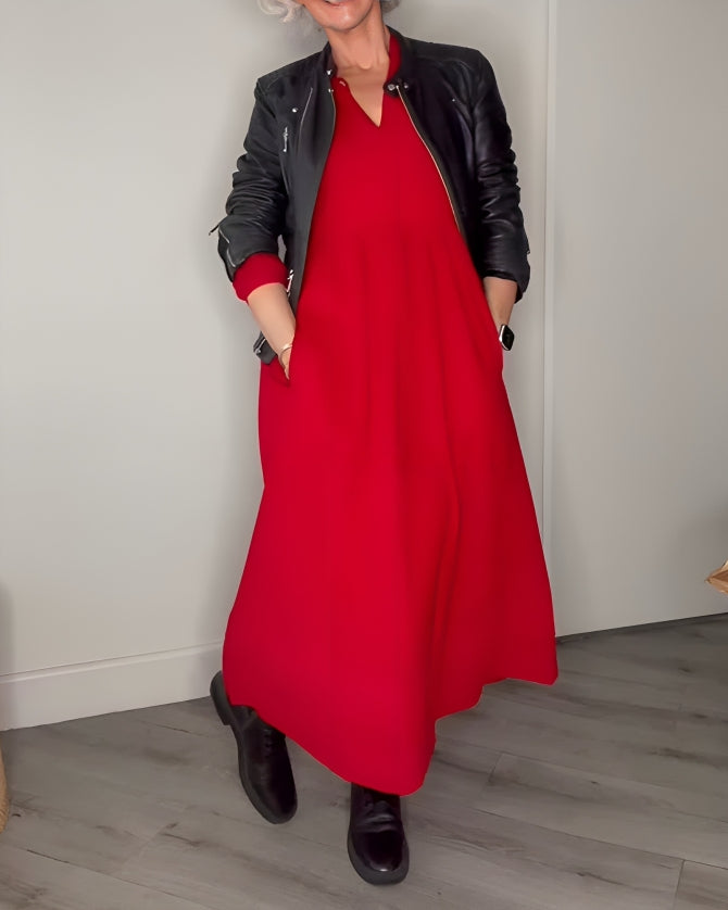 AMANDA – ABITO MAXI A MANICHE LUNGHE E SCOLLO A V ELEGANTE