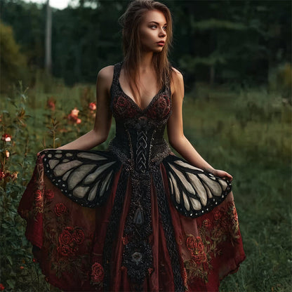 Abito Vintage di Mariposa Mística e Rosas con Brillos, Gonna Flowy Ancha