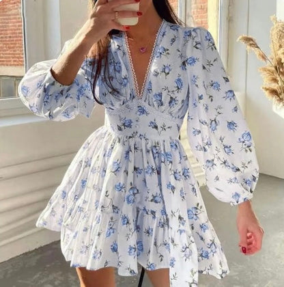 Mini Abito Floreale da donna con Maniche lunghe Abullonadas e Scollo a V