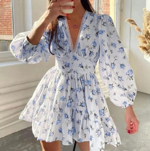 Abito mini Floreale per Donne con Maniche lunghe Abullonadas e Scollo a V