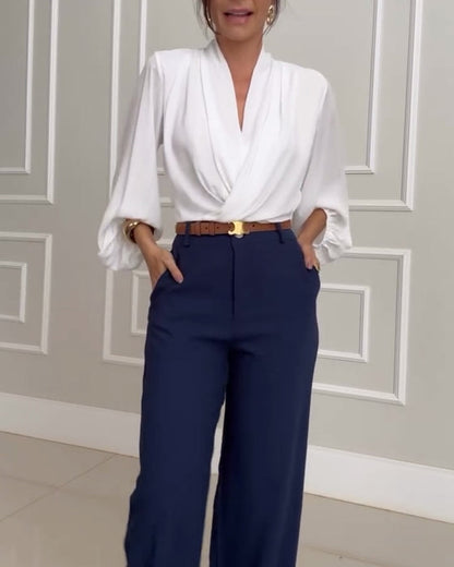 Blusa di Manica Lámpara in Tinta unita con scollo a V
