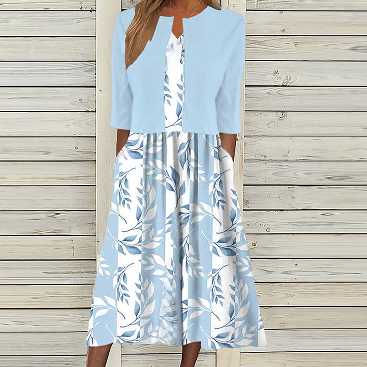 Abito Midi Unico con Stampato di Plantas Azules e Chaqueta