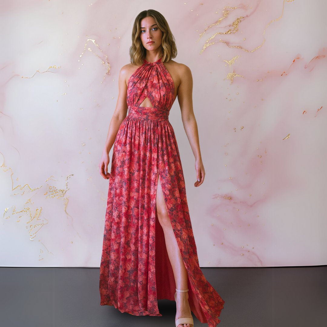 Vania – Abito Maxi Floreale Elegante con Schiena scoperta