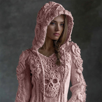 Maglione in maglia caldo e morbido con cappuccio di teschio celtico vichinga e rose blancas vintage