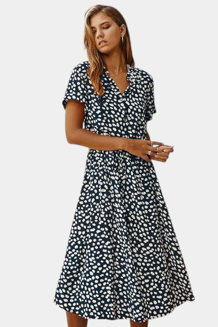Rovena Abito midi di Pois con Collo Camisero e Vita Regolabile