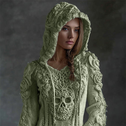 Maglione in maglia caldo e morbido con cappuccio di teschio celtico vichinga e rose blancas vintage