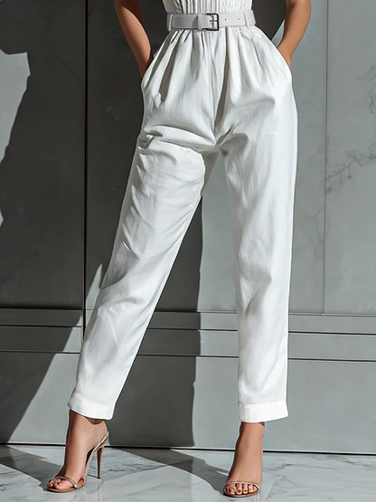 Jumpsuit ampio In cotone E Lino Colore Marfil Con Vita Delgada Per donna