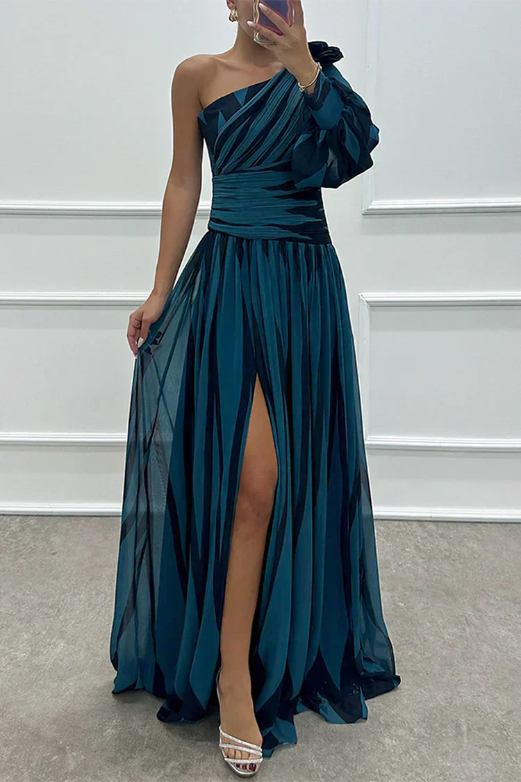 Shiloh - Abito maxi Elegante di Righe con Un Spalla