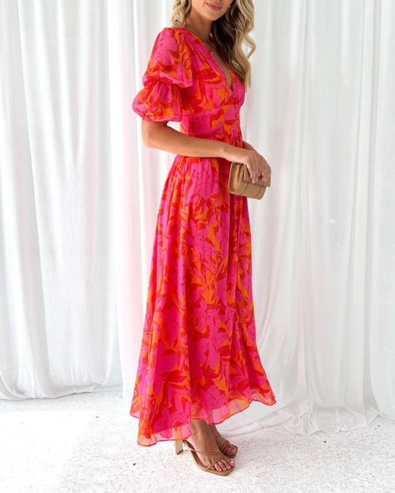 Sierra - Abito maxi Elegante con Scollo a V e Maniche a palloncino