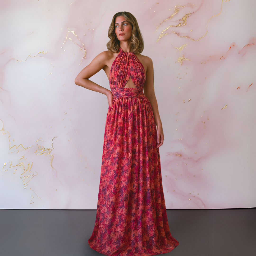 Vania – Abito Maxi Floreale Elegante con Schiena scoperta