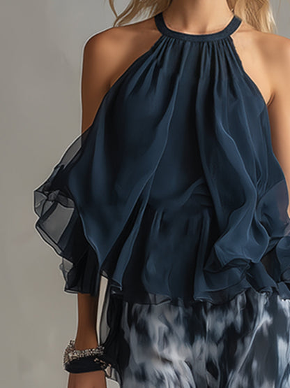 Ludovica | Top halter Elegante Blu navy e Completo di Pantaloni ampi Stampati