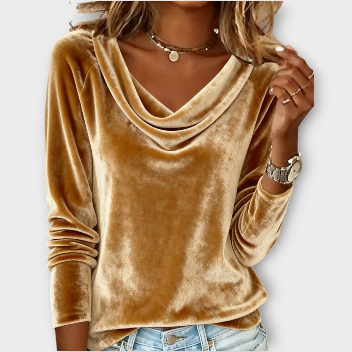Top largo con scollo drappeggiato in terciopelo