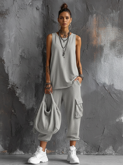 Completo Top senza maniche in Cotone Grigio scuro + Pantaloni cargo Jogger Stile Casual donna