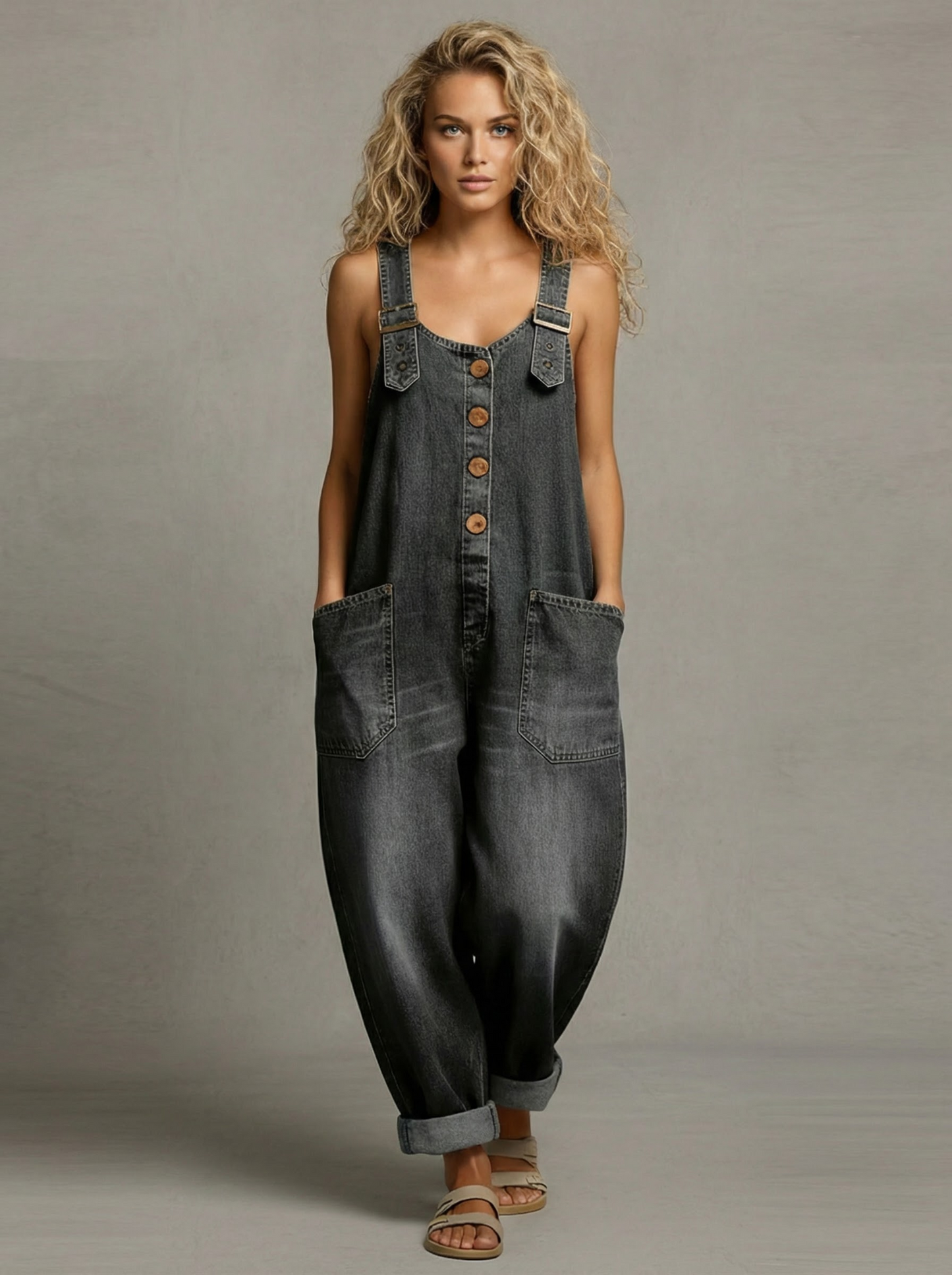 Rocio™ - Pantalone salopette casual in denim con hebilla regolabile.