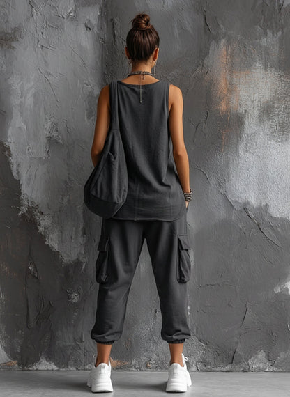 Completo Top senza maniche in Cotone Grigio scuro + Pantaloni cargo Jogger Stile Casual donna