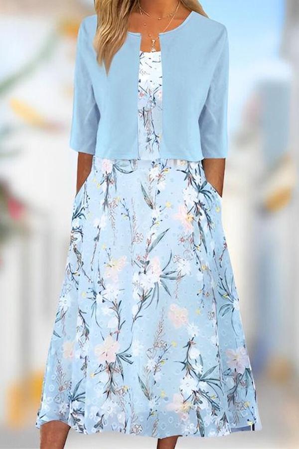 Abito Midi Unico con Stampato di Plantas Azules e Chaqueta