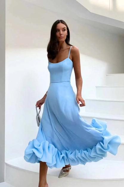 Abito maxi di Donna con Spalline di Sottili, Gonna Acampanada e Orlo con Volant