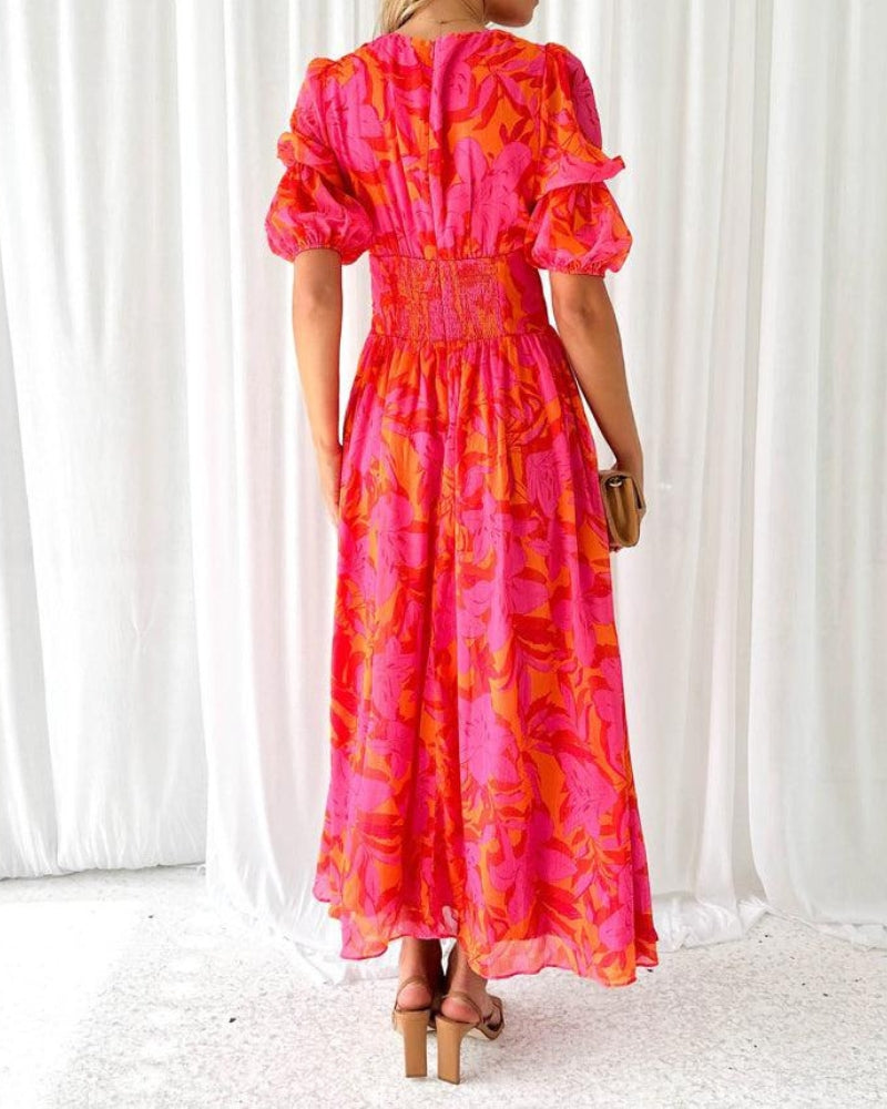 Sierra - Abito maxi Elegante con Scollo a V e Maniche a palloncino