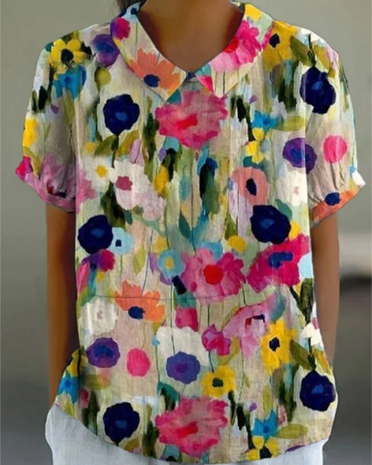 Beatrix | Camicia di Cotone-Lino Floreale Retrò