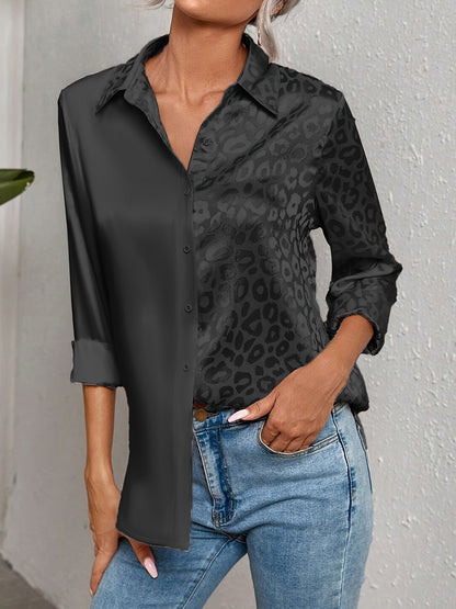 Gwendolyn - Camicia Button-Up in Satin Bicolor con Stampa di Leopardo
