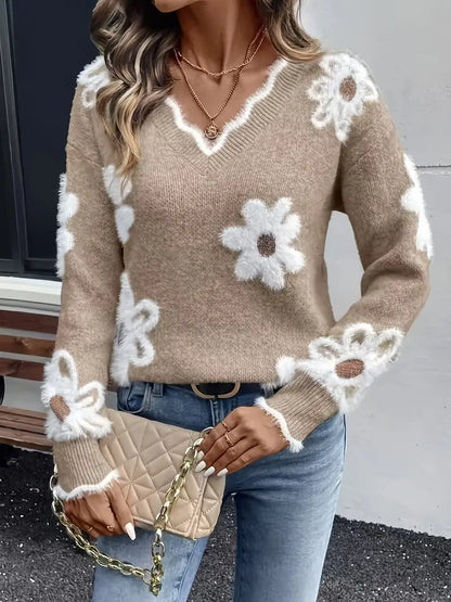 Melanira - Maglione Floreale con Scollo a V Stiloso