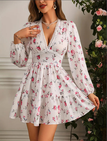 Mini Abito Floreale da donna con Maniche lunghe Abullonadas e Scollo a V
