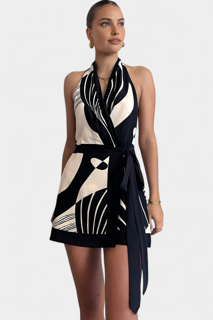 Fae Abito Corto Halter con Stampa Abstracto e Cintura