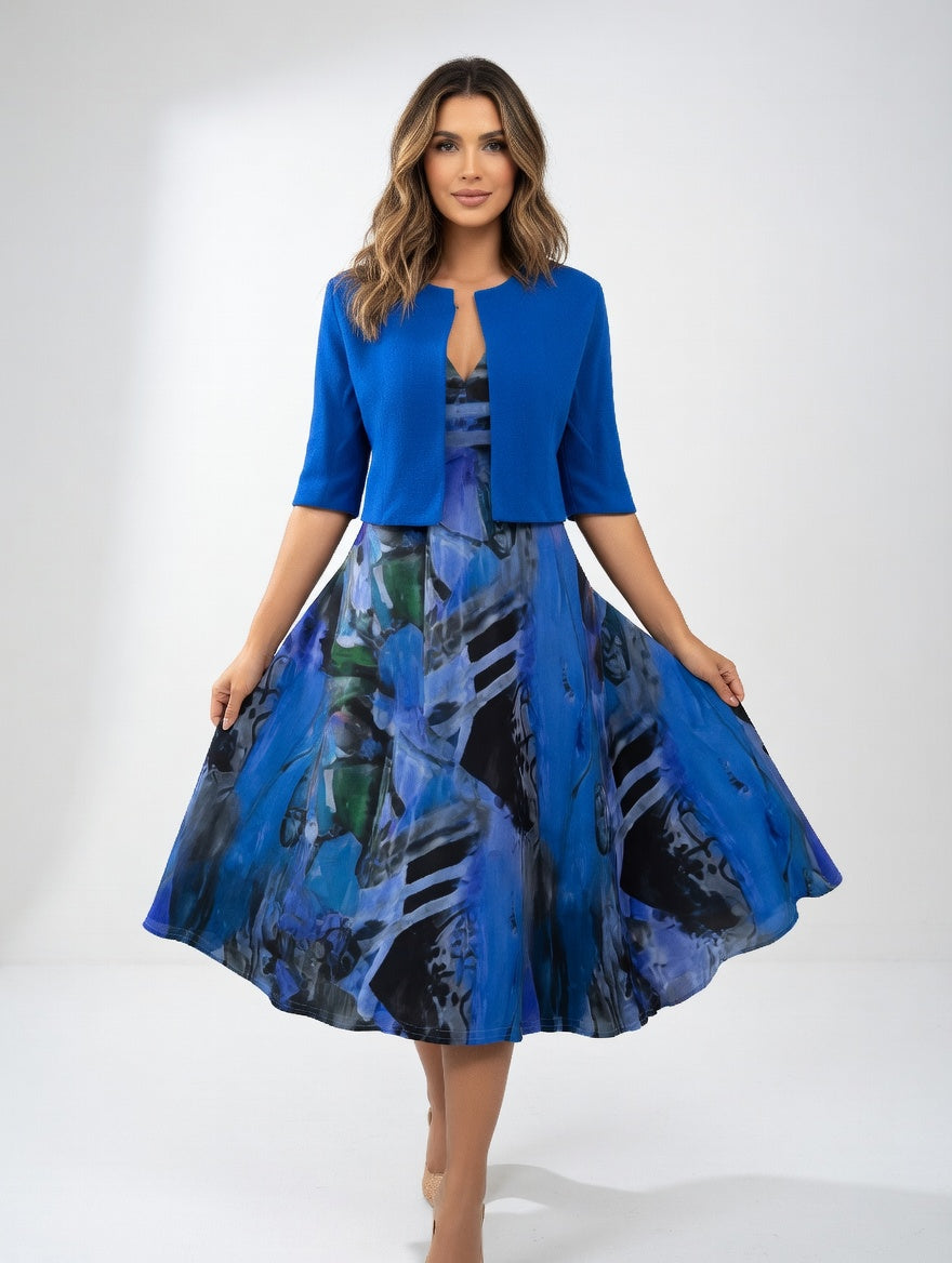 Abito midi Fluido con Bolero - Stampa Artistico Elegante