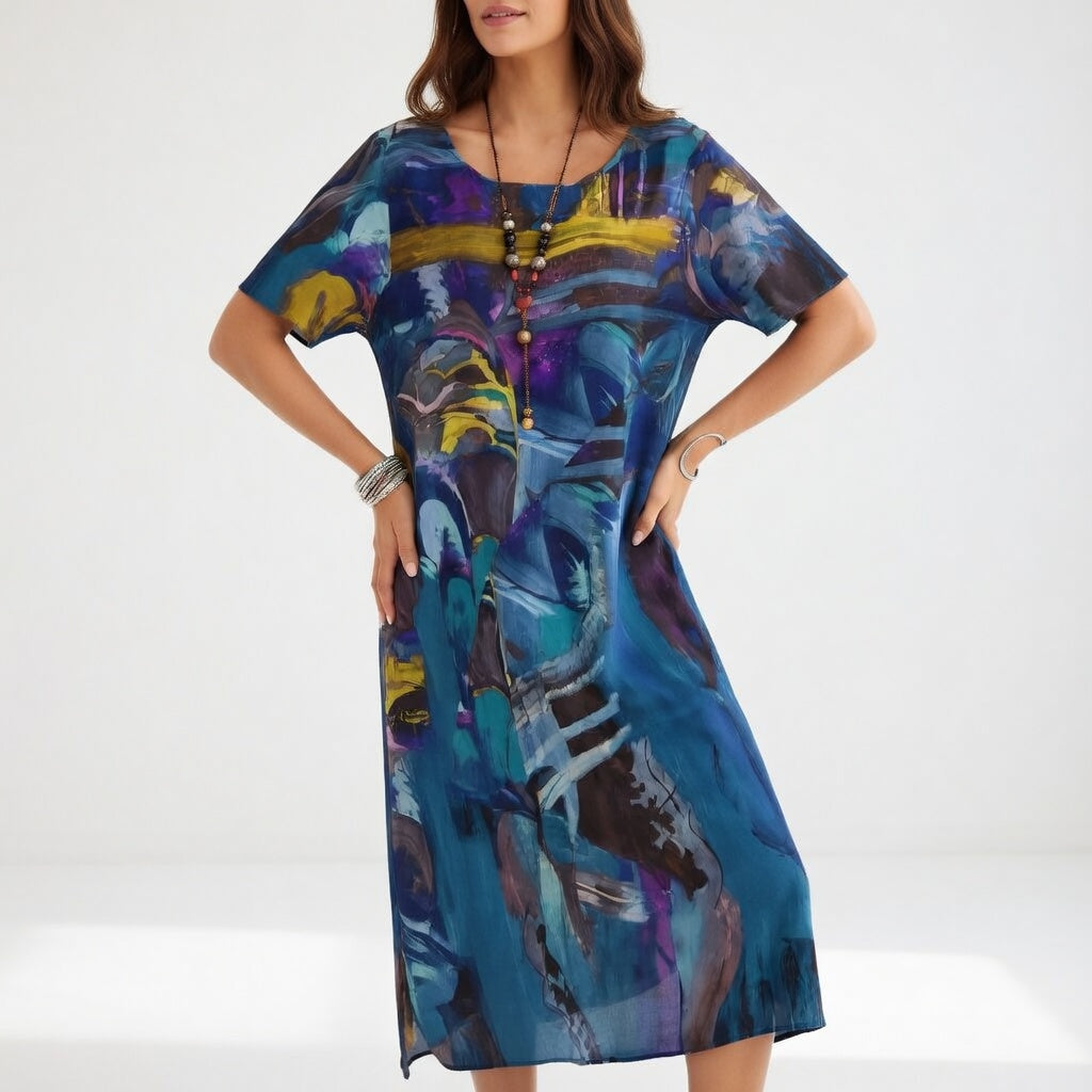 Abito lungo fluido con stampa artistico — Eleganza boho estivo
