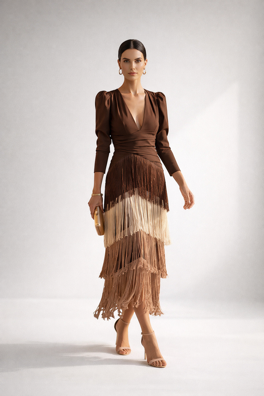 Abito midi Con Frange Elegante — Silhouette Raffinata e Dinamica