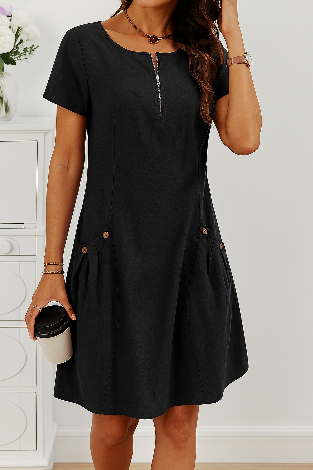 Rudina - Abito di Cotone Elegante a maniche corte con Tasche