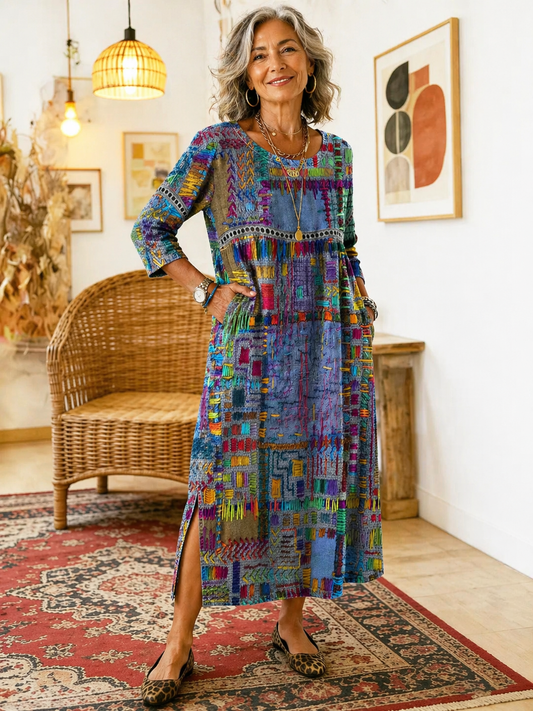 Manuela | Abito Denim con Patchwork etnico