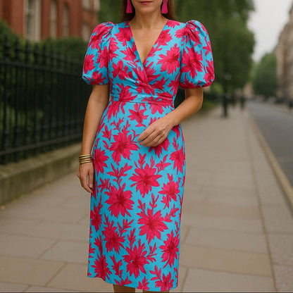 Robe Midi Elegante con Maniche Voluminosas