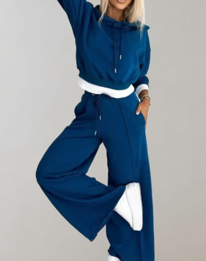 Set da donna di due pezzi – Felpa corta con capucha e pantaloni a gamballarga