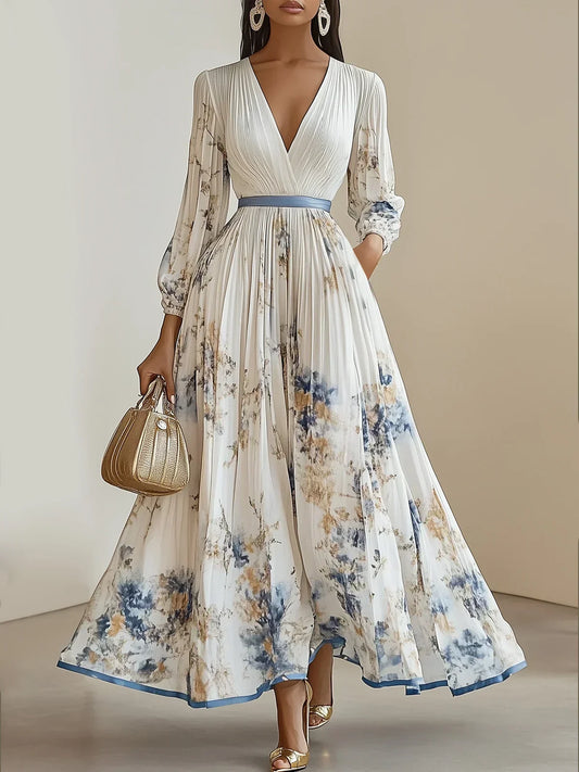 Halston - Elegante Abito Maxi di Manica Abullonada e Scollo a V