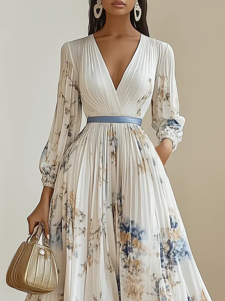 Halston - Elegante Abito Maxi di Manica Abullonada e Scollo a V