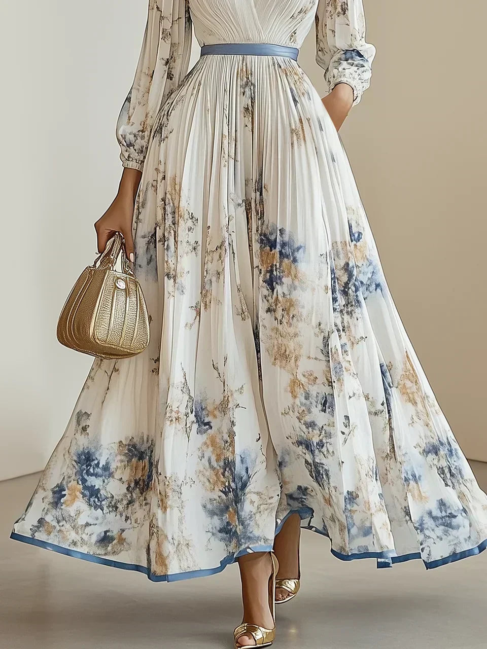 Halston - Elegante Abito maxi con Maniche a palloncino e Scollo a V