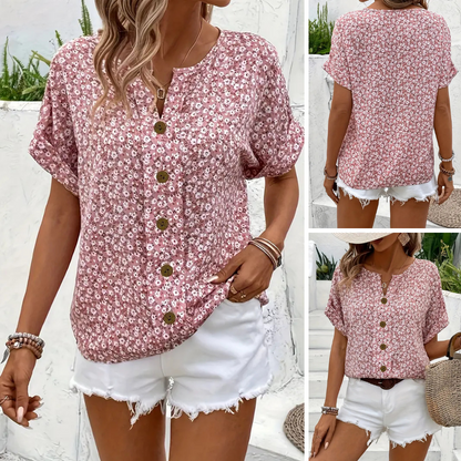 Cindy™ | Blusa di Colore con Collo Notched di Impressione Floreale