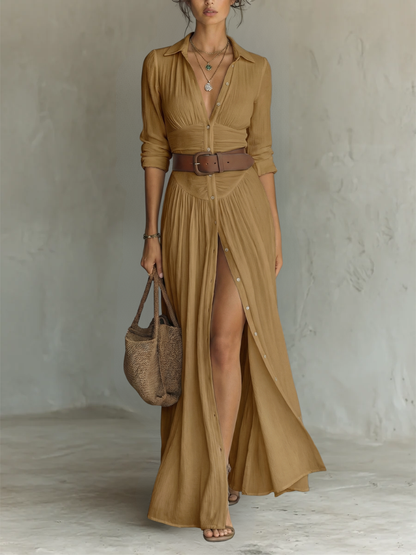 Abito maxi Lungo con Collo e Maniche lunghe in lino per donna