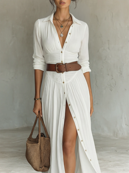 Abito maxi Lungo con Collo e Maniche lunghe in lino per donna