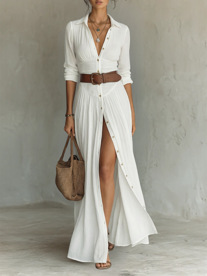Abito maxi Lungo con Collo e Maniche lunghe in lino per donna