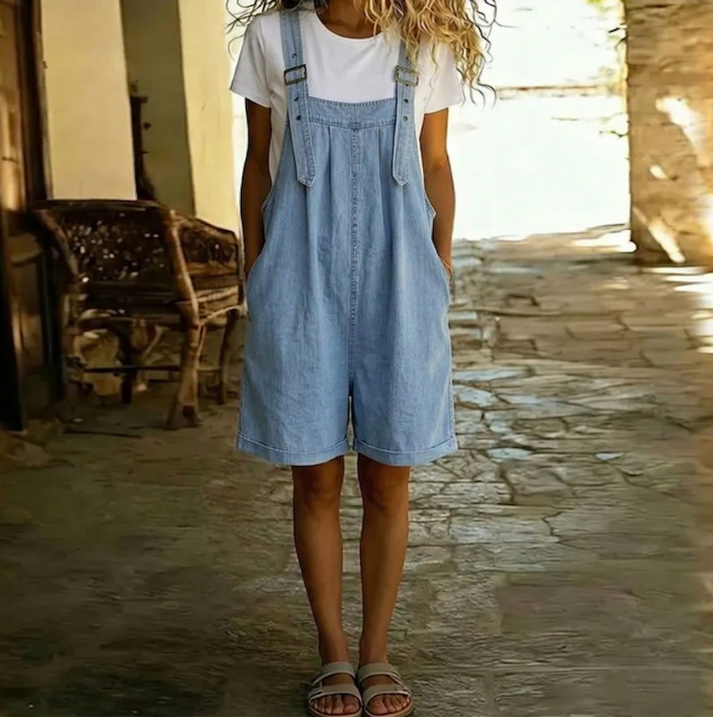 Michelle - Pantalone salopette in denim morbido lavaggio vintage azzurro